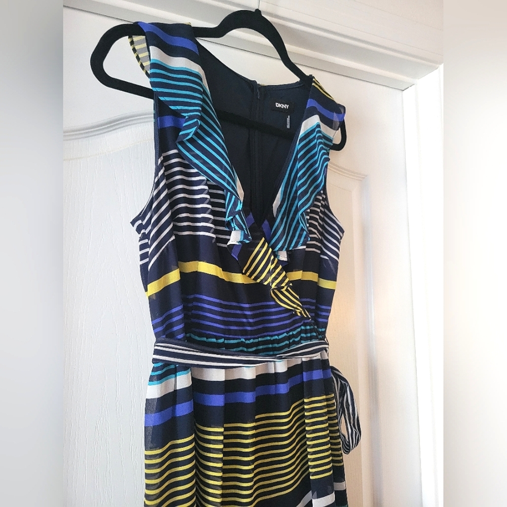 DKNY Chiffon Dress Blue Stripe Small Sash Belt Surplice V-neck Combo Color